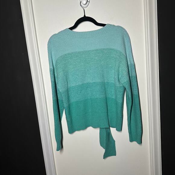 Parker Hampton Teal Striped Color Block Tie Front Wool Blend Sweater Size Large - Picture 8 of 12